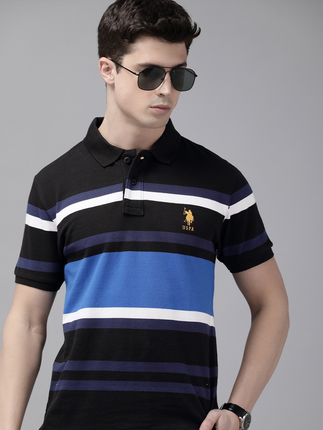 

U.S. Polo Assn. Men Pure Cotton Striped Polo Collar T-shirt, Black