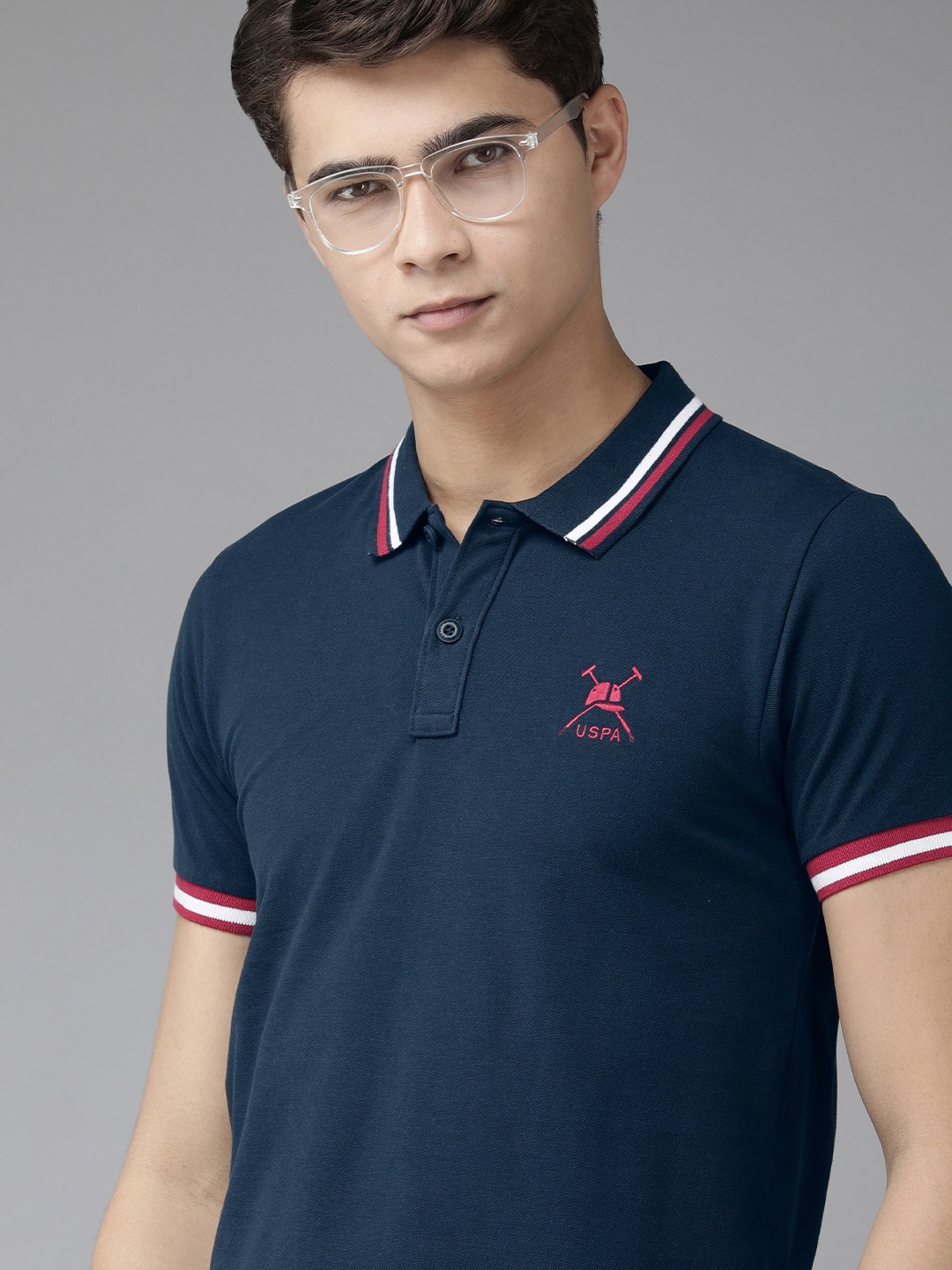 

U.S. Polo Assn. Men Navy Blue Solid Polo Collar Indigo Pure Cotton Slim Fit T-shirt