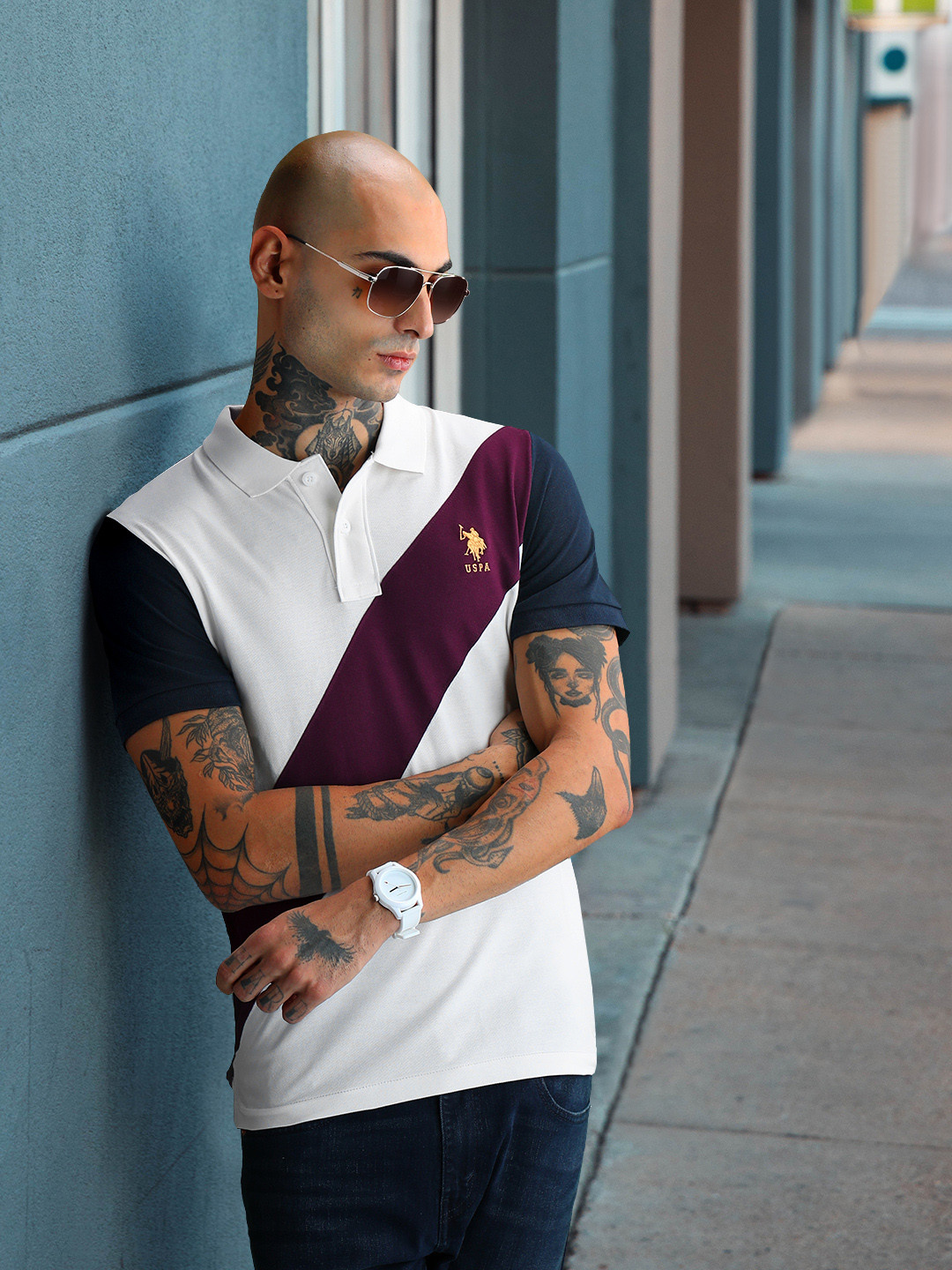 

U S Polo Assn Men White & Burgundy Striped Polo Collar Slim Fit Pure Cotton T-shirt