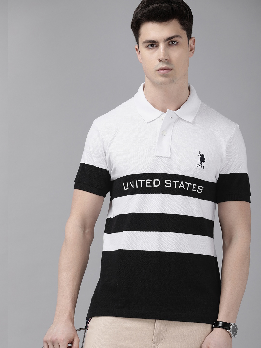 

U.S. Polo Assn. Men Pure Cotton Colourblocked Polo Collar T-shirt, White