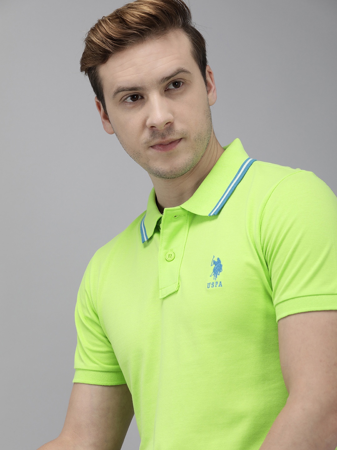 

U.S. Polo Assn. Men Fluorescent Green Pure Cotton Solid Polo Collar T-shirt