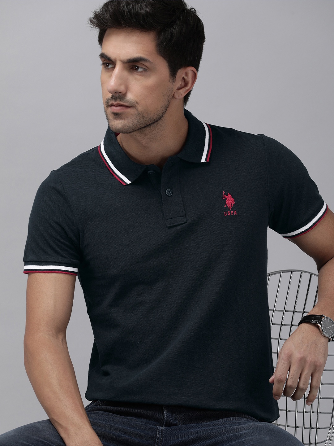 

U.S. Polo Assn. Men Pure Cotton Solid Polo Collar T-shirt With Brand Logo Detail, Navy blue