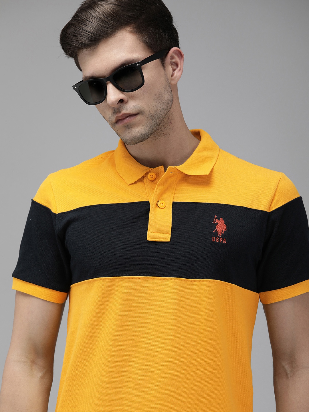 

U.S. Polo Assn. Men Yellow & Navy Blue Colourblocked Polo Collar Slim Fit T-shirt