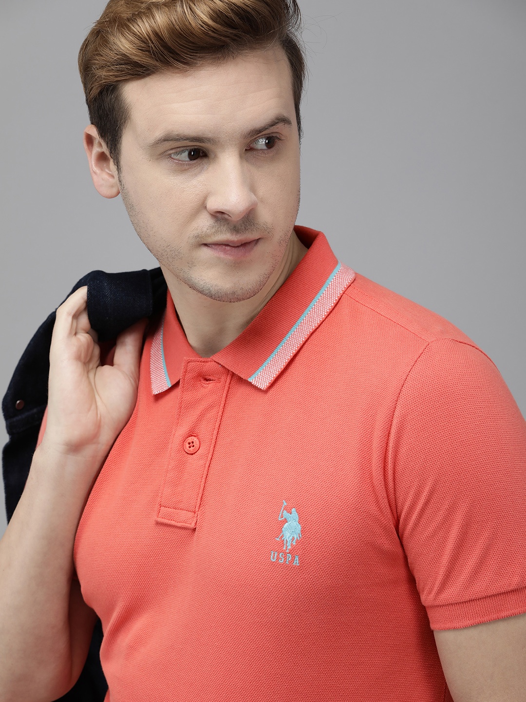 

U.S. Polo Assn. Men Coral Orange Pure Cotton Solid Polo Collar T-shirt