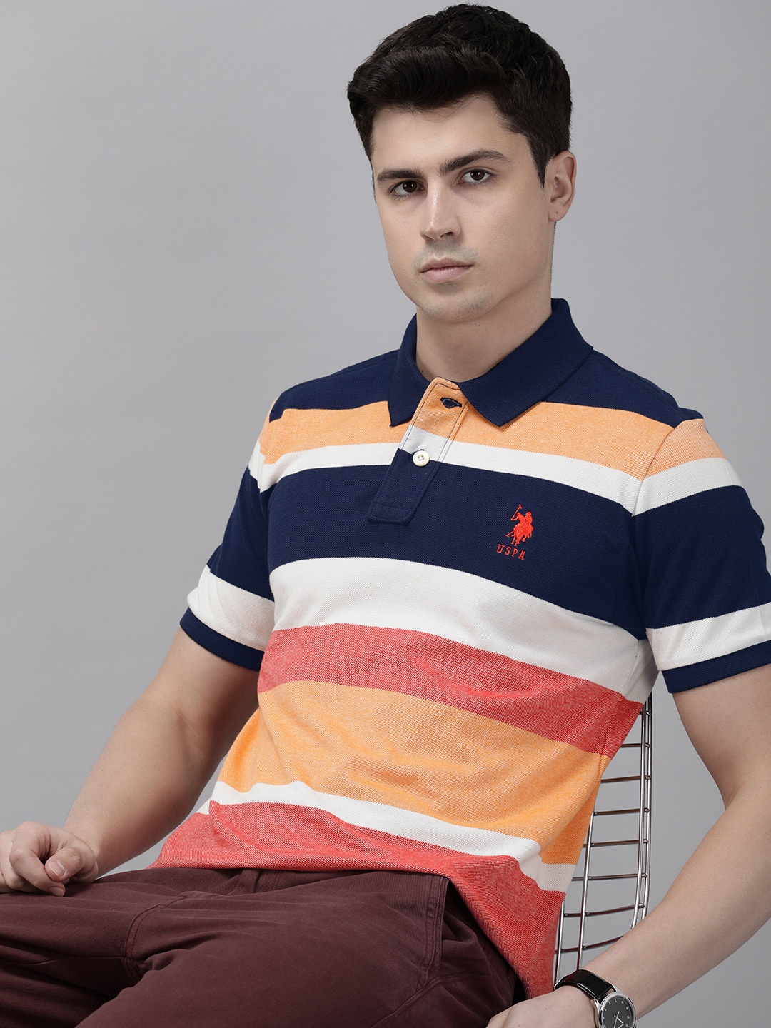 

U.S. Polo Assn. Men Pure Cotton Colourblocked Polo Collar T-shirt, Navy blue