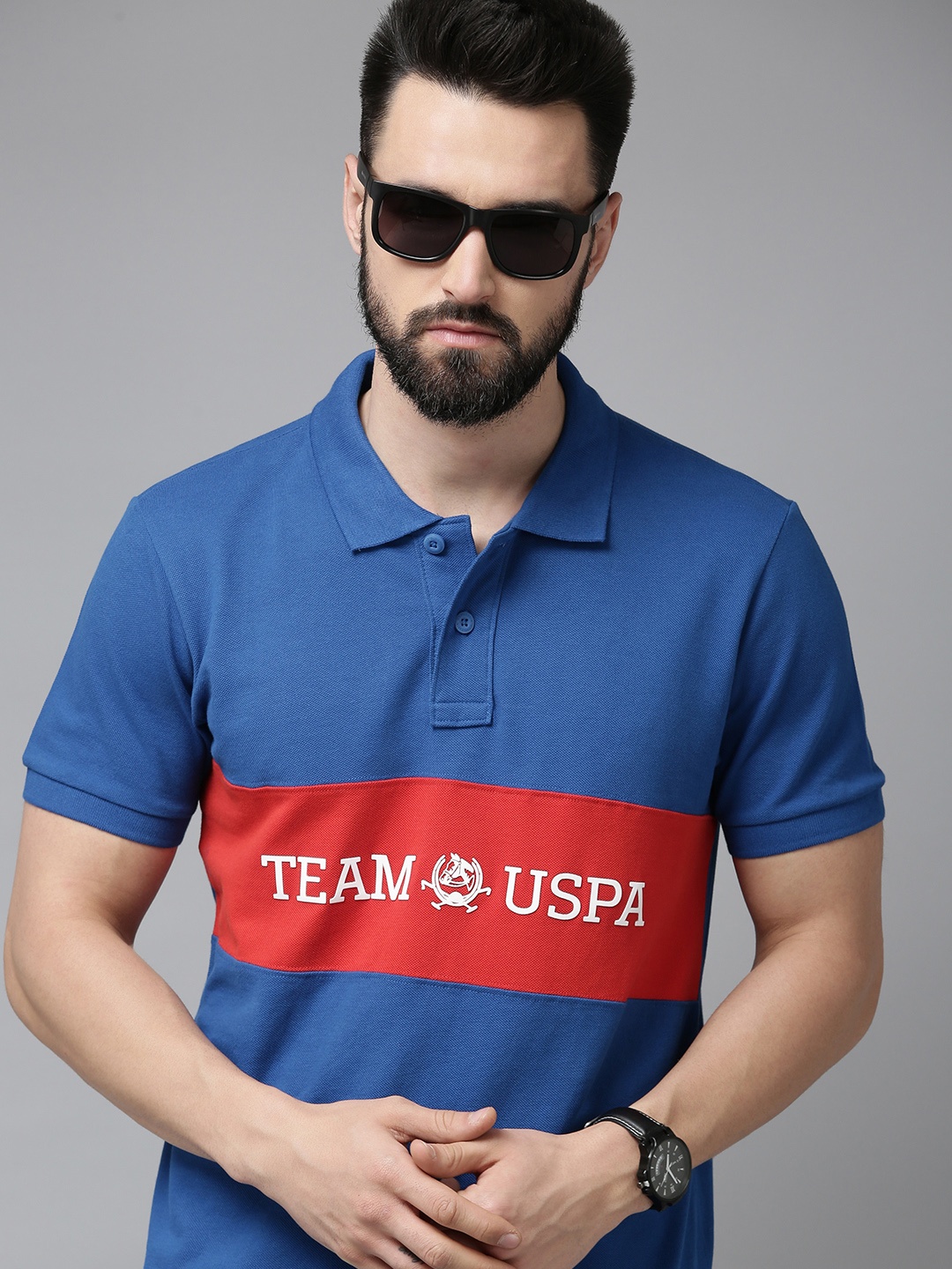 

U S Polo Assn Men Blue Typography Printed Polo Collar Slim Fit Pure Cotton T-shirt