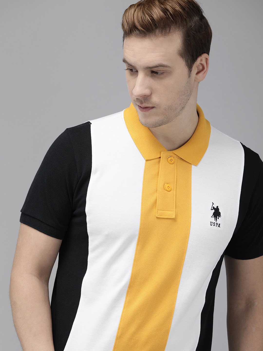 

U.S. Polo Assn. Men Yellow & White Pure Cotton Colourblocked Polo Collar T-shirt