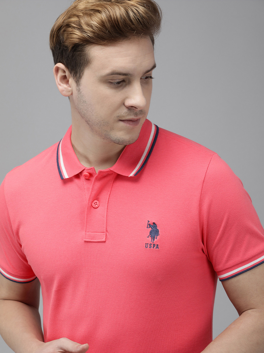 

U S Polo Assn Men Pink Polo Collar Pure Cotton Slim Fit T-shirt