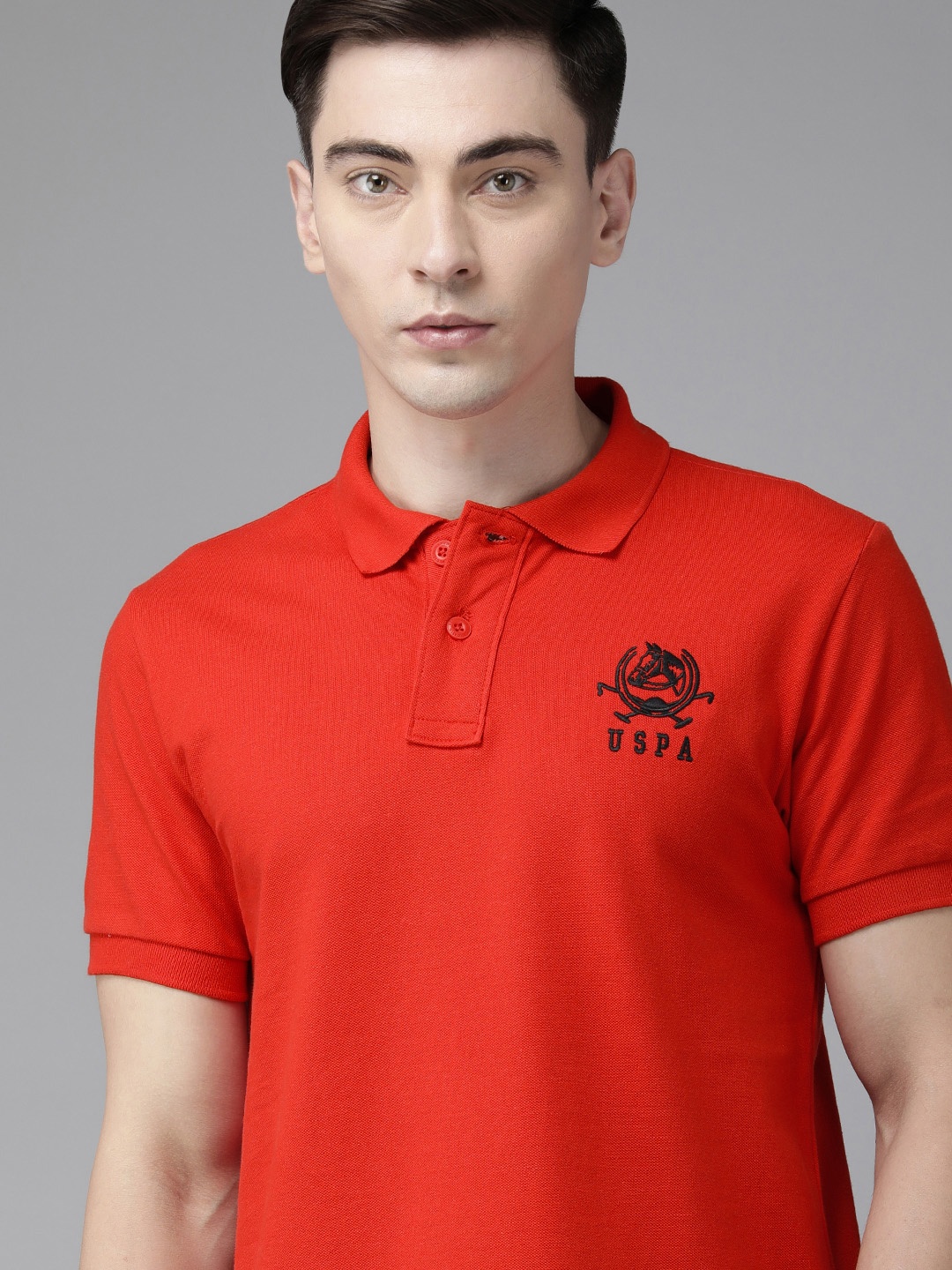U S Polo Assn Men Red Brand Logo Embroidered Polo Collar Pure Cotton Slim Fit T-shirt