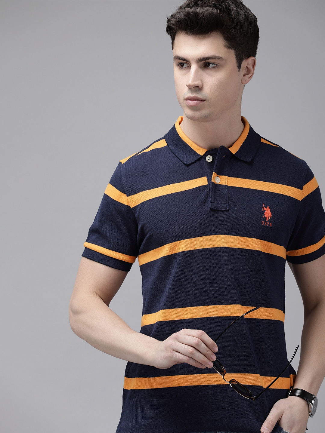U.S. Polo Assn. Men Pure Cotton Striped Polo Collar T-shirt, Navy blue