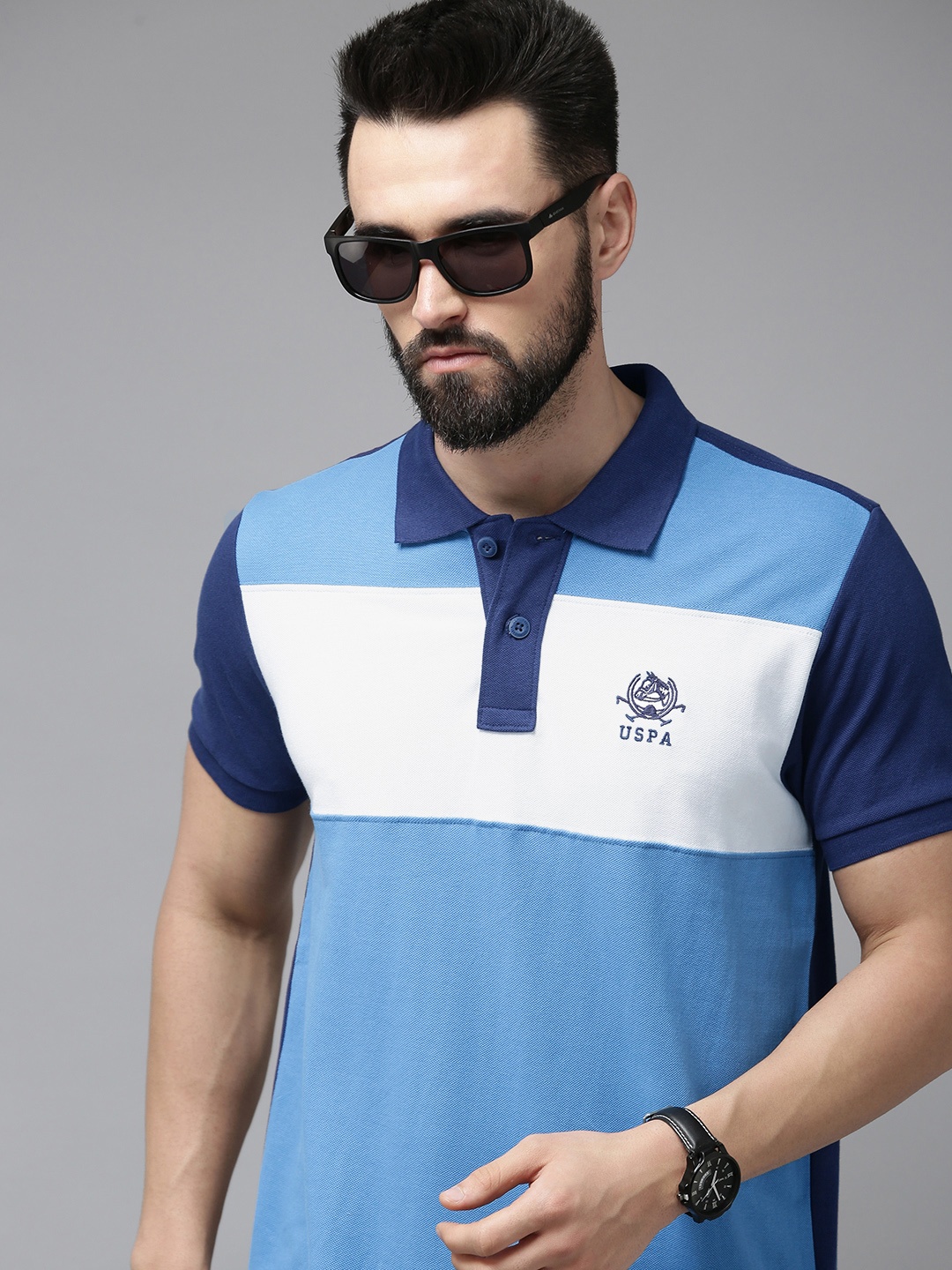 

U S Polo Assn Men Blue Colourblocked Polo Collar Slim Fit Pure Cotton T-shirt