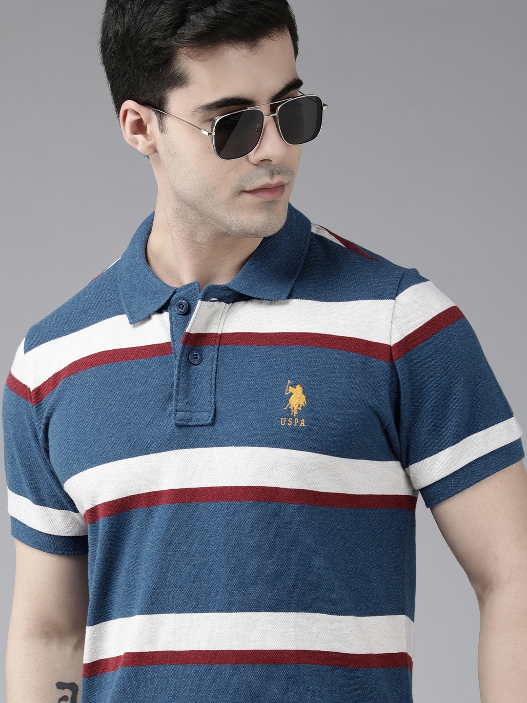 

U S Polo Assn Men Striped Polo Collar Pure Cotton Slim Fit T-shirt, Blue