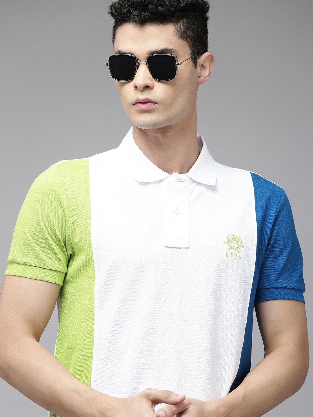 

U S Polo Assn Men White Colourblocked Polo Collar Slim Fit Pure Cotton T-shirt