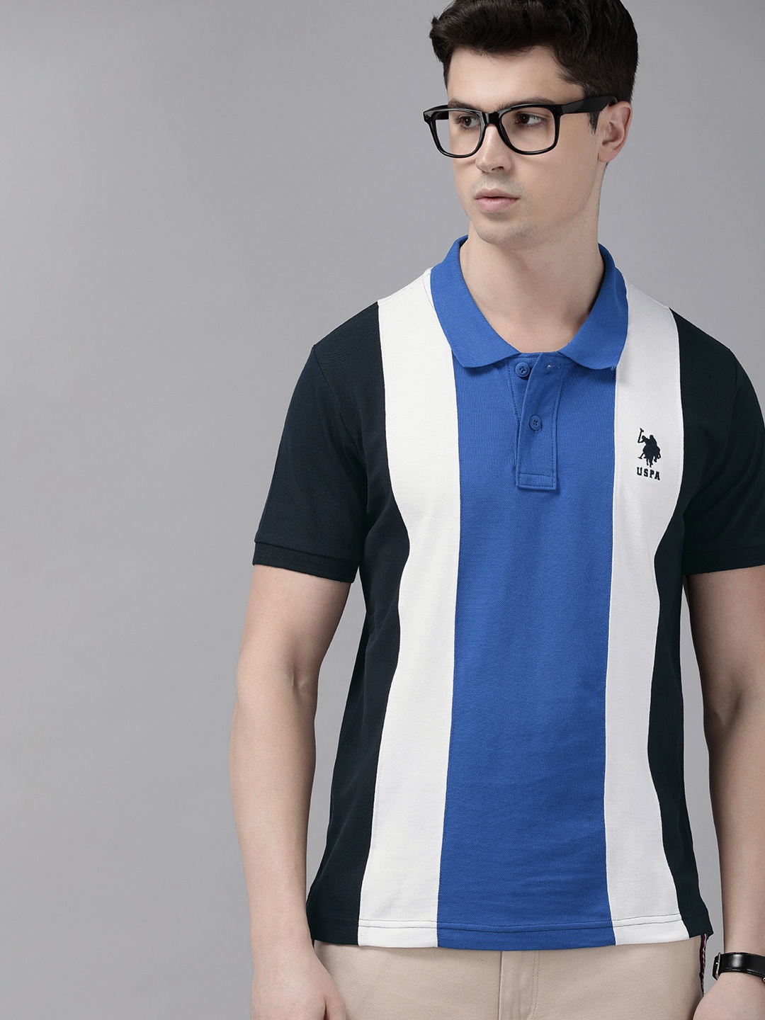 

U S Polo Assn Striped Polo Collar Pure Cotton Slim Fit T-shirt, Navy blue