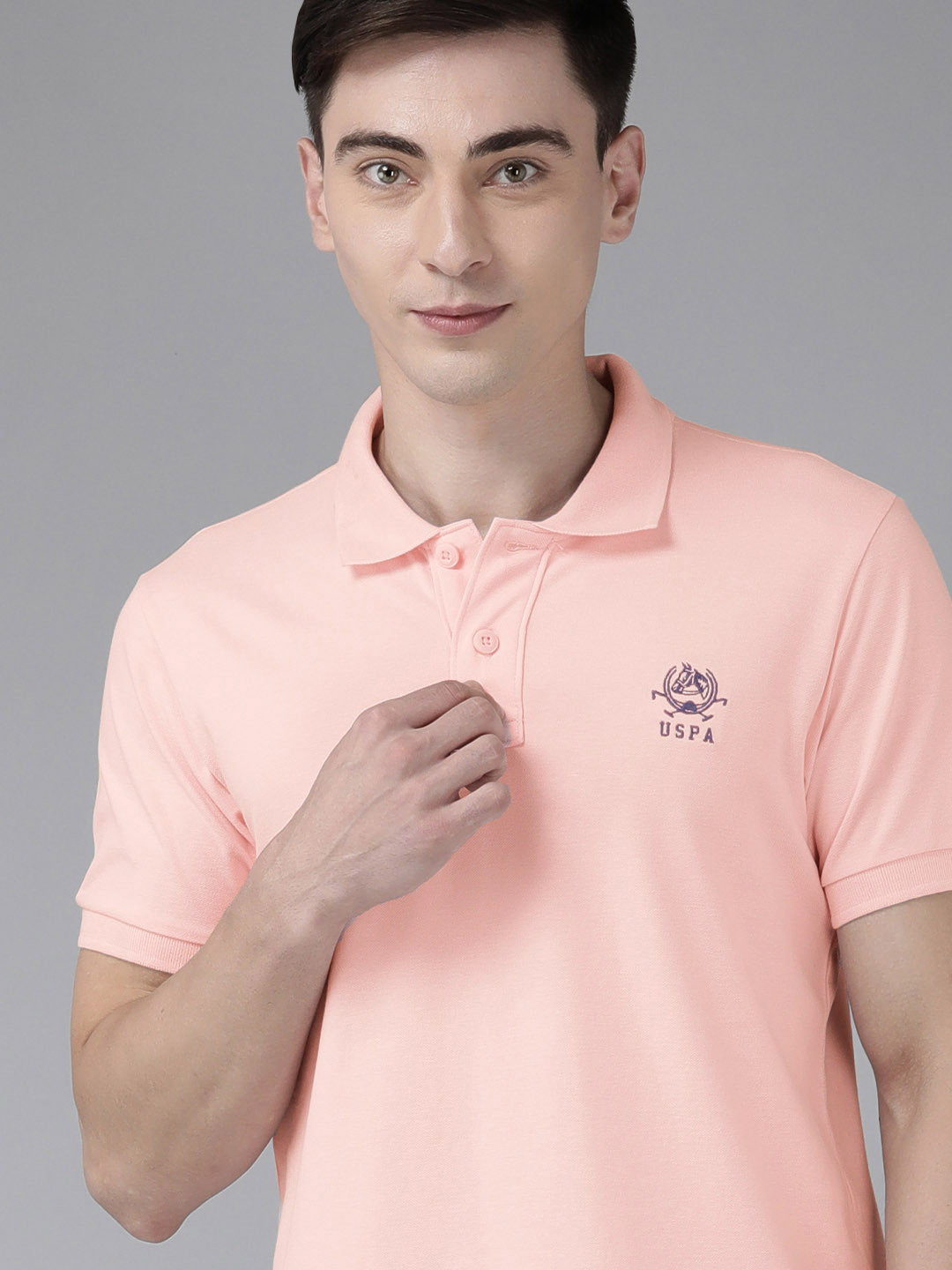 

U S Polo Assn Men Pink Brand Logo Embroidered Pure Cotton Polo Collar Slim Fit T-shirt