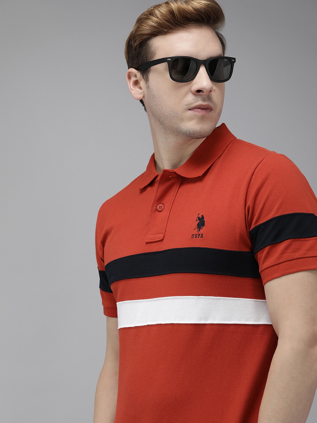

U.S. Polo Assn. Men Rust Orange & Navy Blue Pure Cotton Striped Polo Collar T-shirt