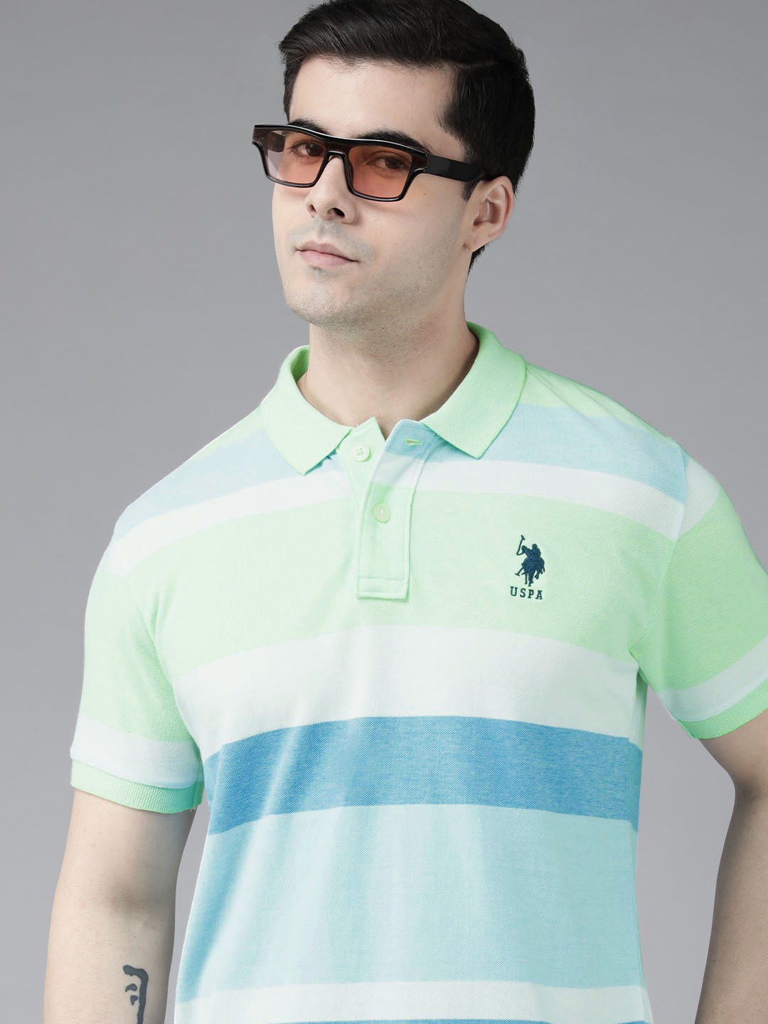 

U S Polo Assn Men Blue & White Pure Cotton Colourblocked Polo Collar T-shirt
