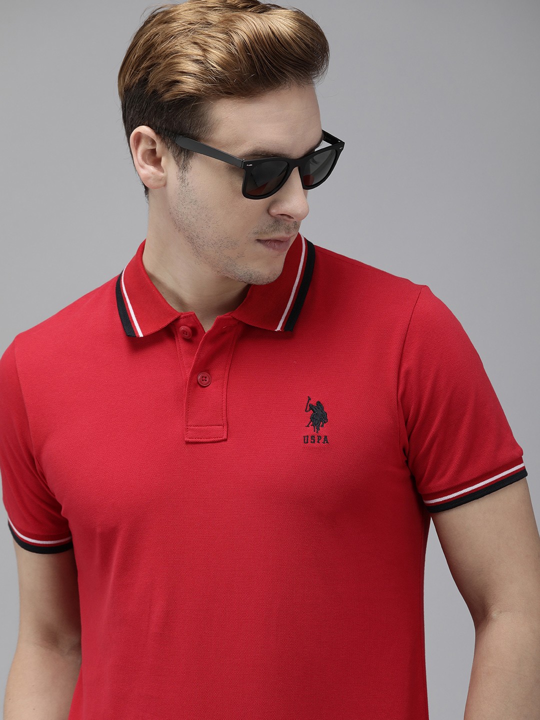 

U.S. Polo Assn. Men Red Pure Cotton Solid Polo Collar T-shirt
