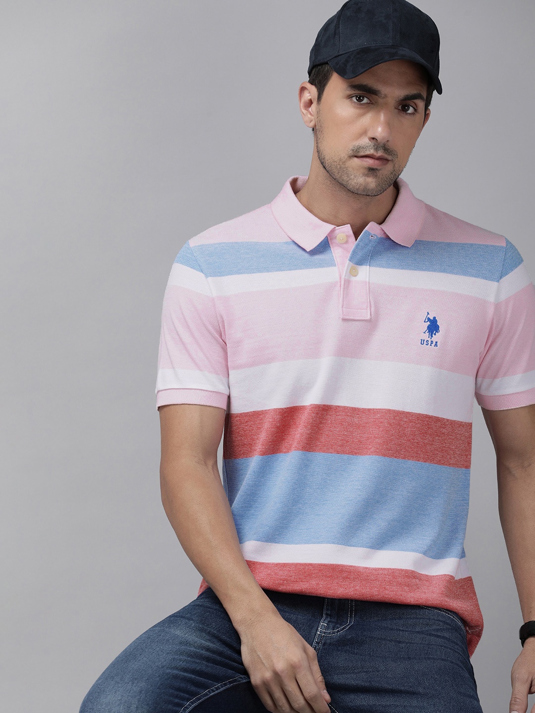 

U S Polo Assn Striped Polo Collar Pure Cotton Slim Fit T-shirt, Pink
