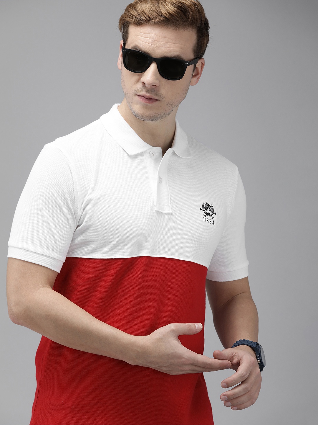 

U.S. Polo Assn. Men White & Red Colourblocked Pure Cotton Slim Fit T-shirt