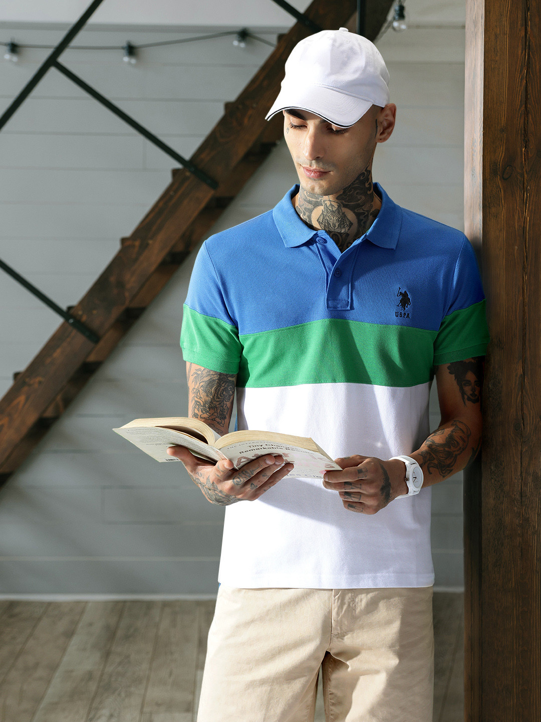 

U.S. Polo Assn. Men White & Green Colourblocked Pure Cotton Polo Collar T-shirt