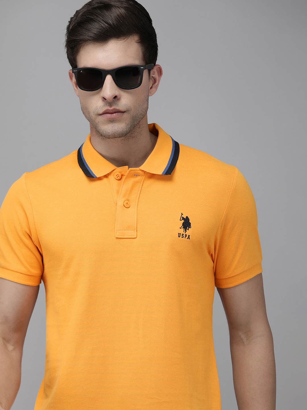 

U S Polo Assn Men Mustard Yellow Polo Collar Slim Fit Pure Cotton T-shirt