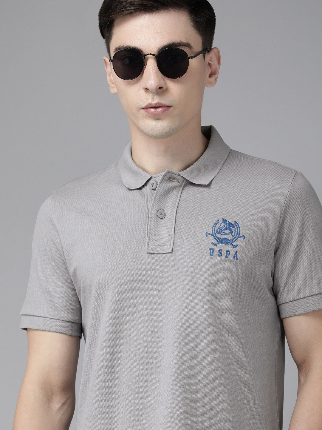 

U S Polo Assn Men Grey Brand Logo Embroidered Polo Collar Pure Cotton Slim Fit T-shirt
