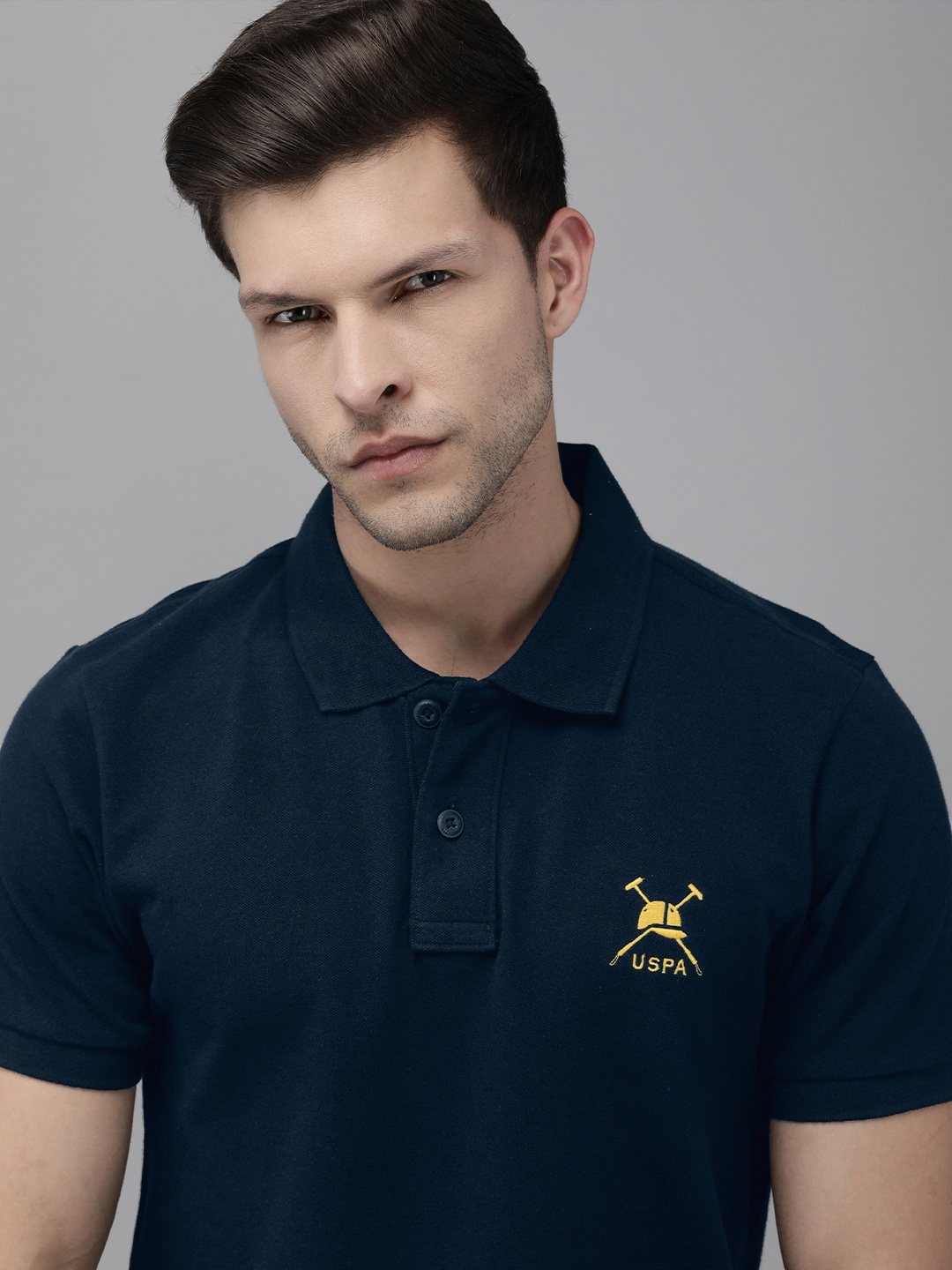 

U S Polo Assn Men Navy Blue Solid Polo Collar Slim Fit Pure Cotton T-shirt