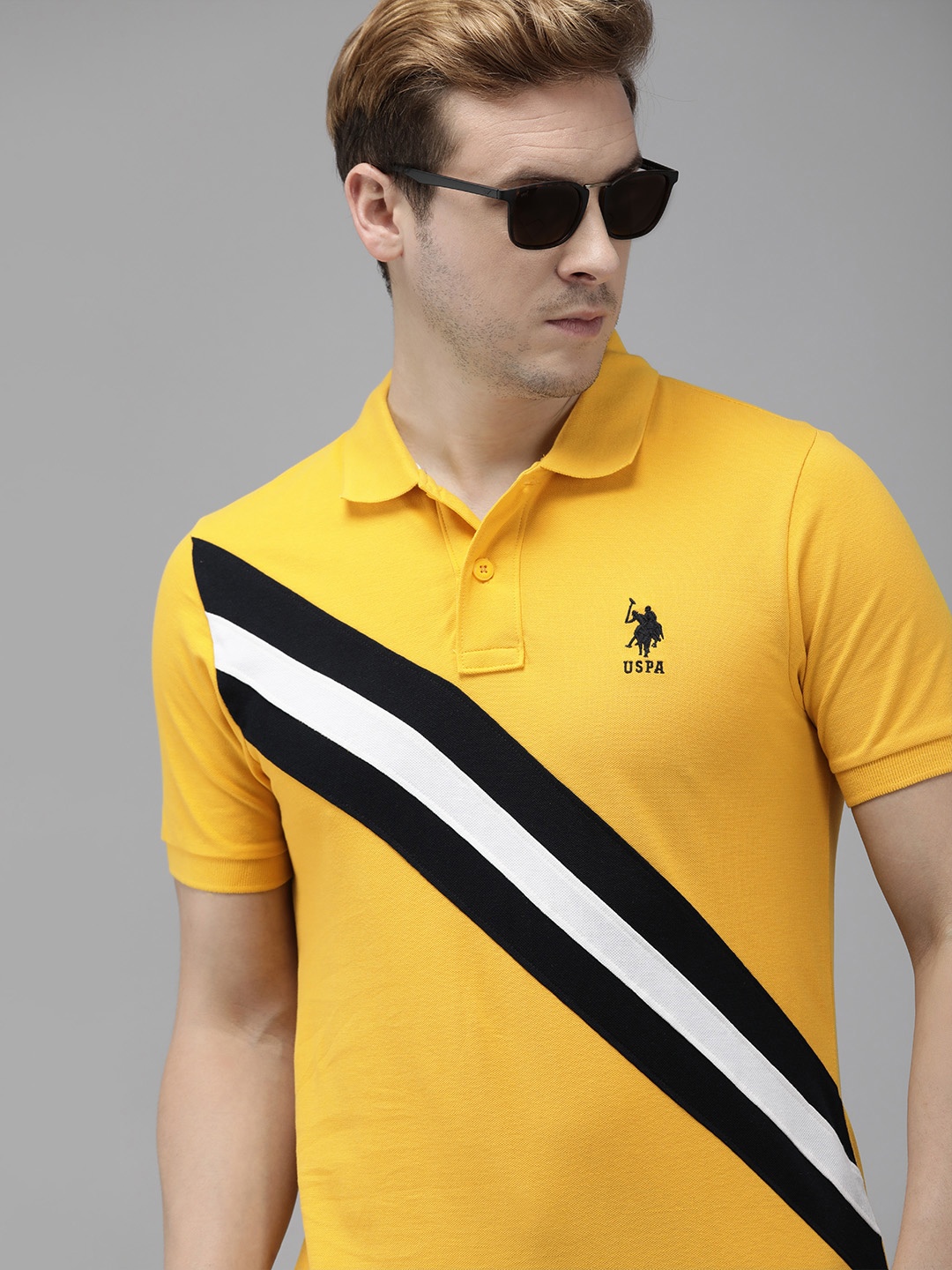 

U.S. Polo Assn. Men Yellow & Navy Blue Striped Pure Cotton Slim Fit T-shirt