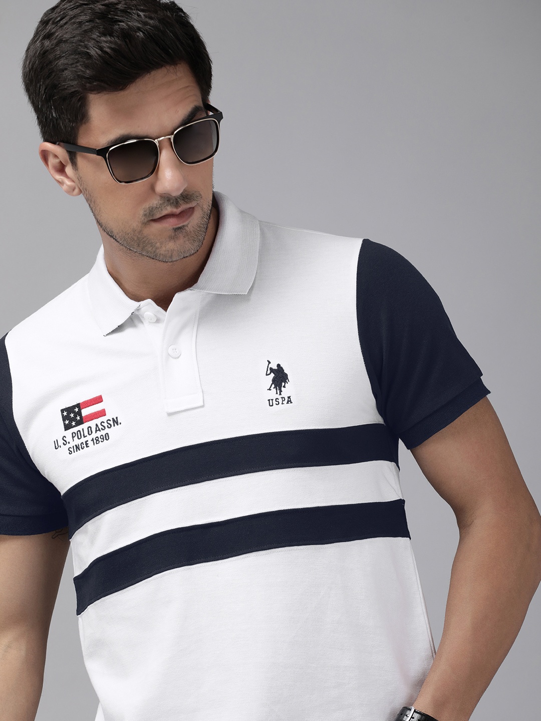 U.S. Polo Assn. Men Pure Cotton Striped Polo Collar T-shirt, White