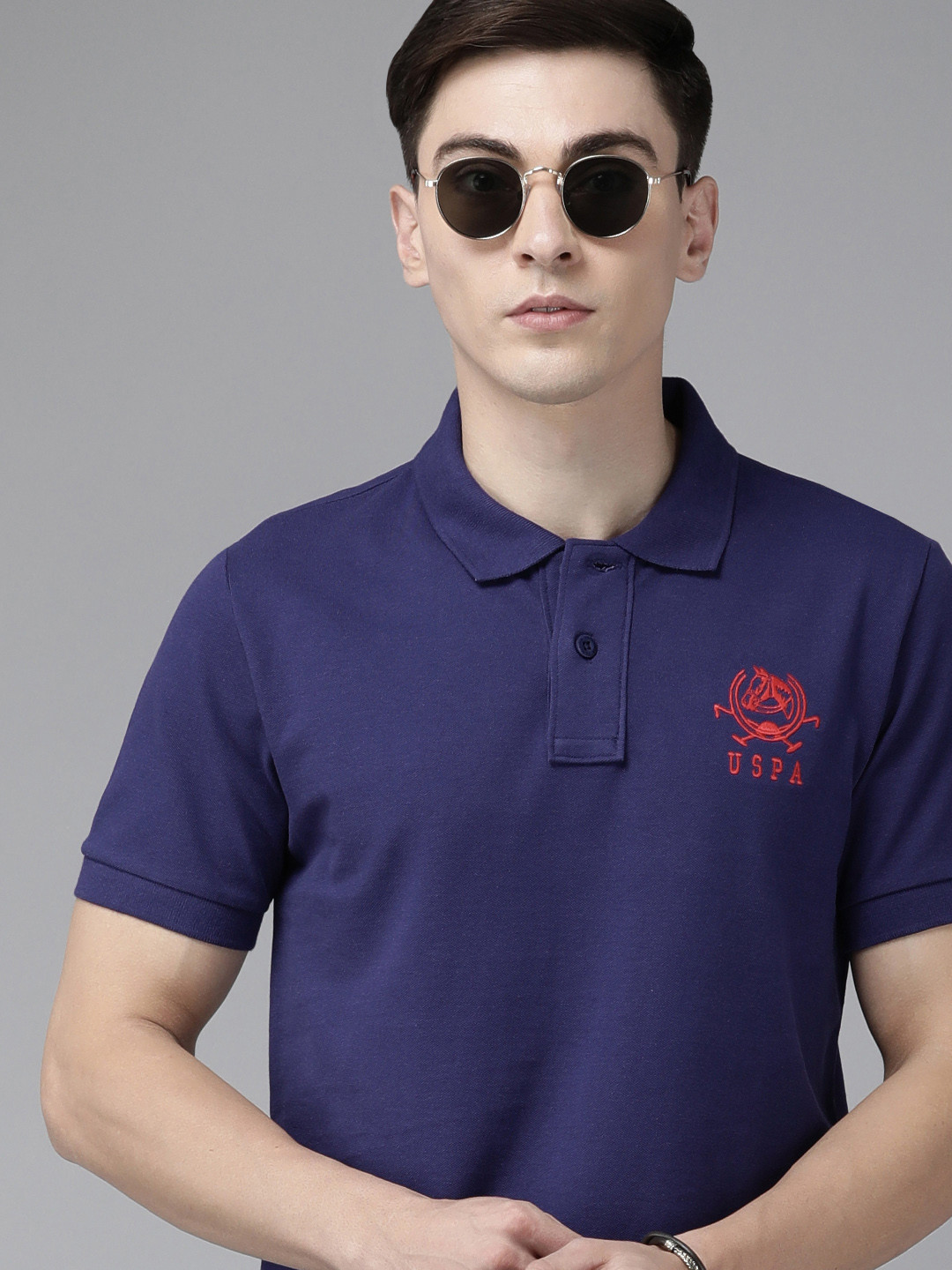 

U S Polo Assn Men Navy Blue & Red Brand Logo Embroidered Polo Collar Pure Cotton T-shirt