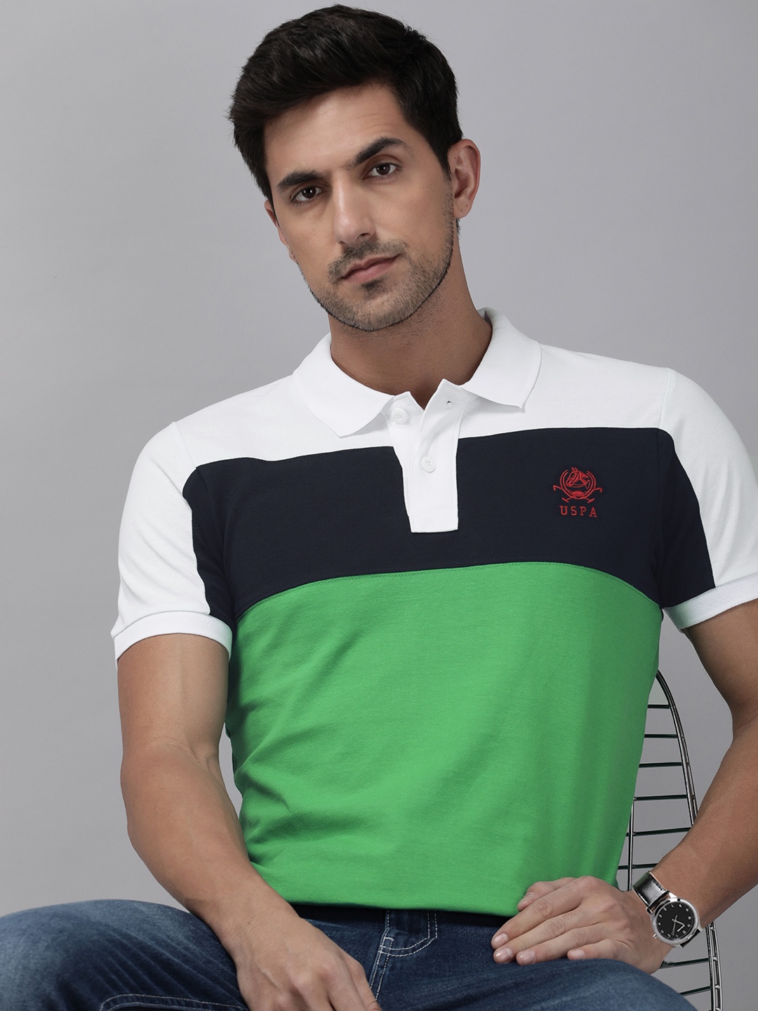 

U.S. Polo Assn. Men Pure Cotton Colourblocked Polo Collar T-shirt, Green