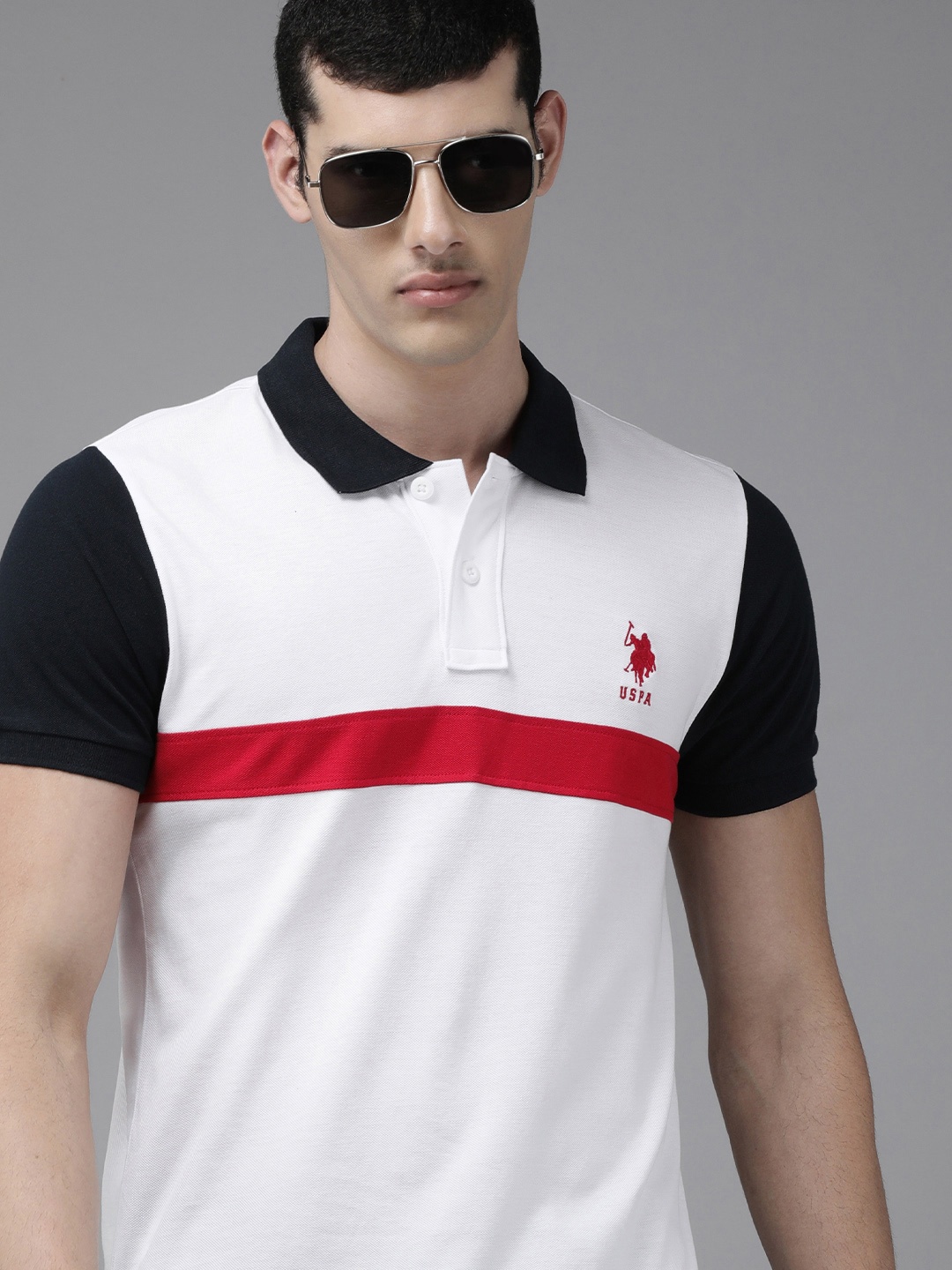 

U S Polo Assn Men White Striped Polo Collar Pure Cotton Slim Fit T-shirt