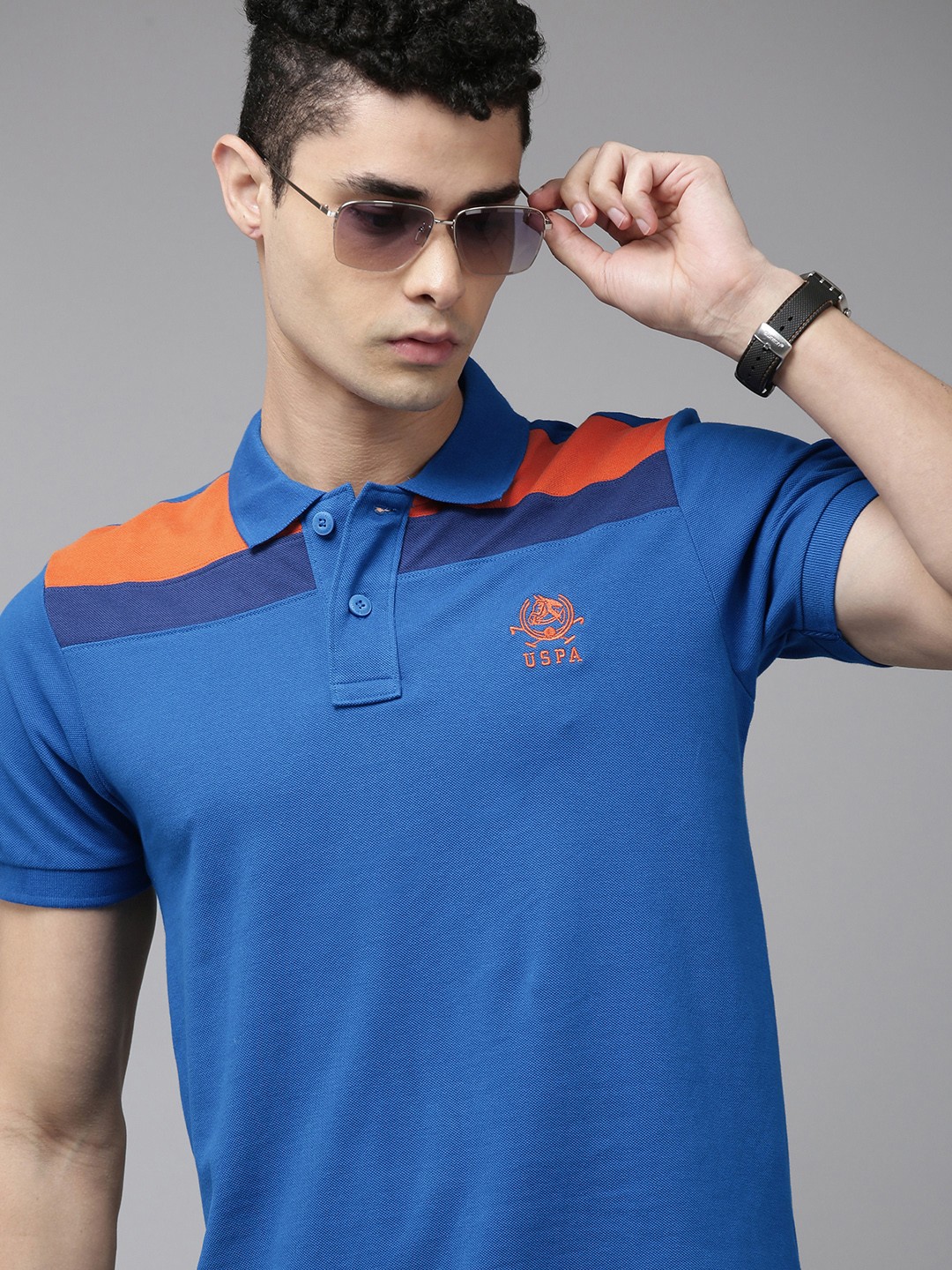 

U.S. Polo Assn. Men Blue Solid Polo Collar Pure Cotton Slim Fit T-shirt