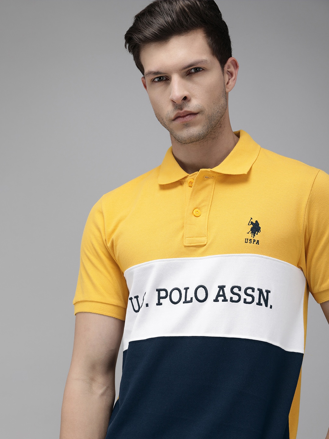 

U.S. Polo Assn. Men Navy Blue & White Colourblocked Pure Cotton Polo Collar T-shirt