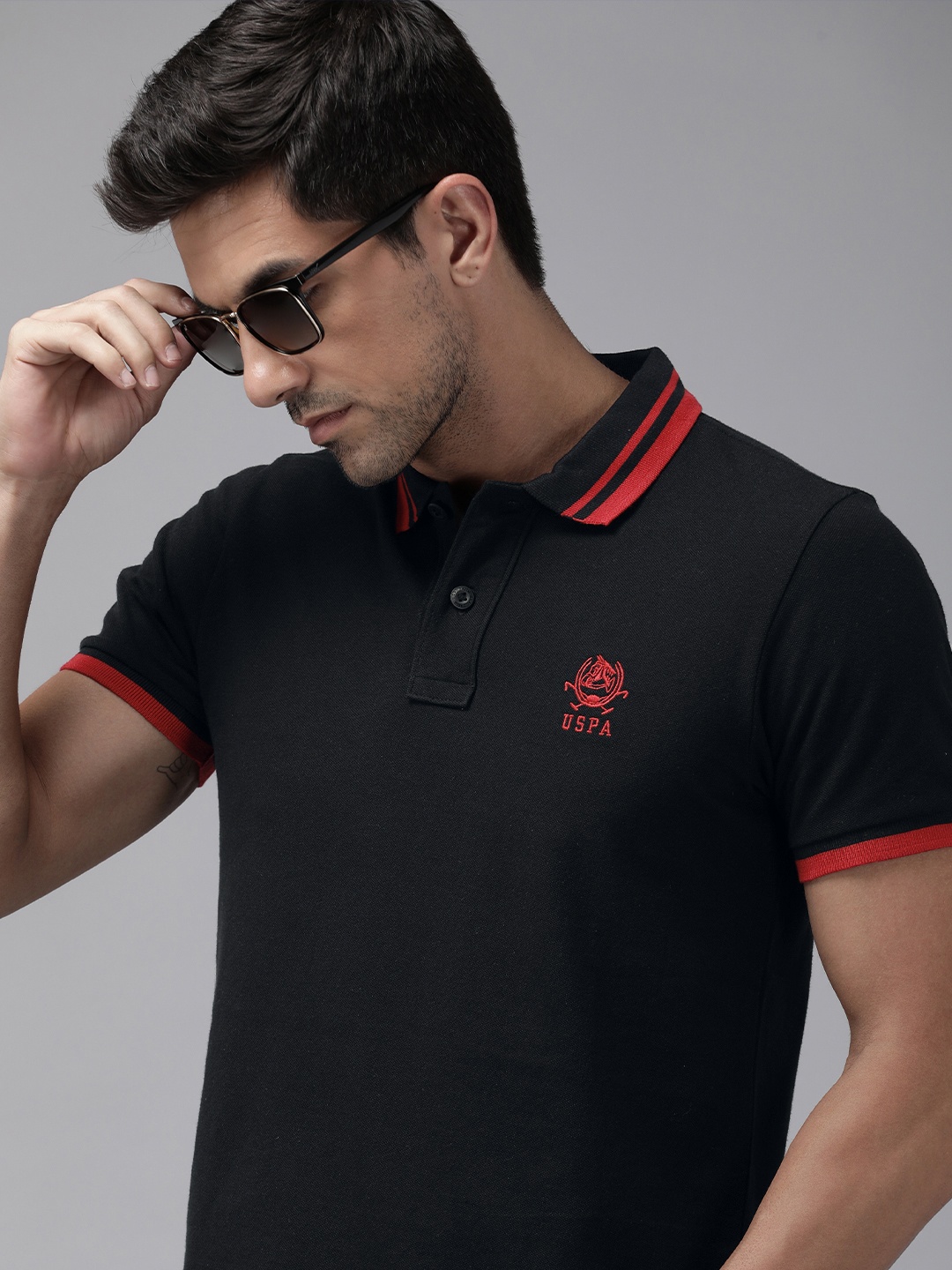 

U.S. Polo Assn. Men Pure Cotton Solid Polo Collar T-shirt With Brand Logo Detail, Black