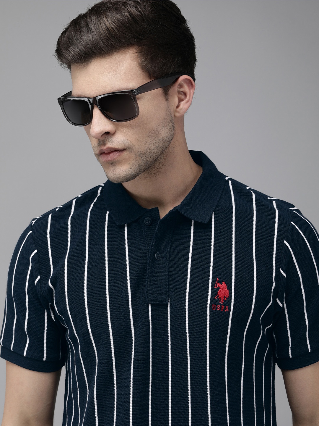 

U.S. Polo Assn. Men Navy Blue & White Striped Pure Cotton Polo Collar T-shirt