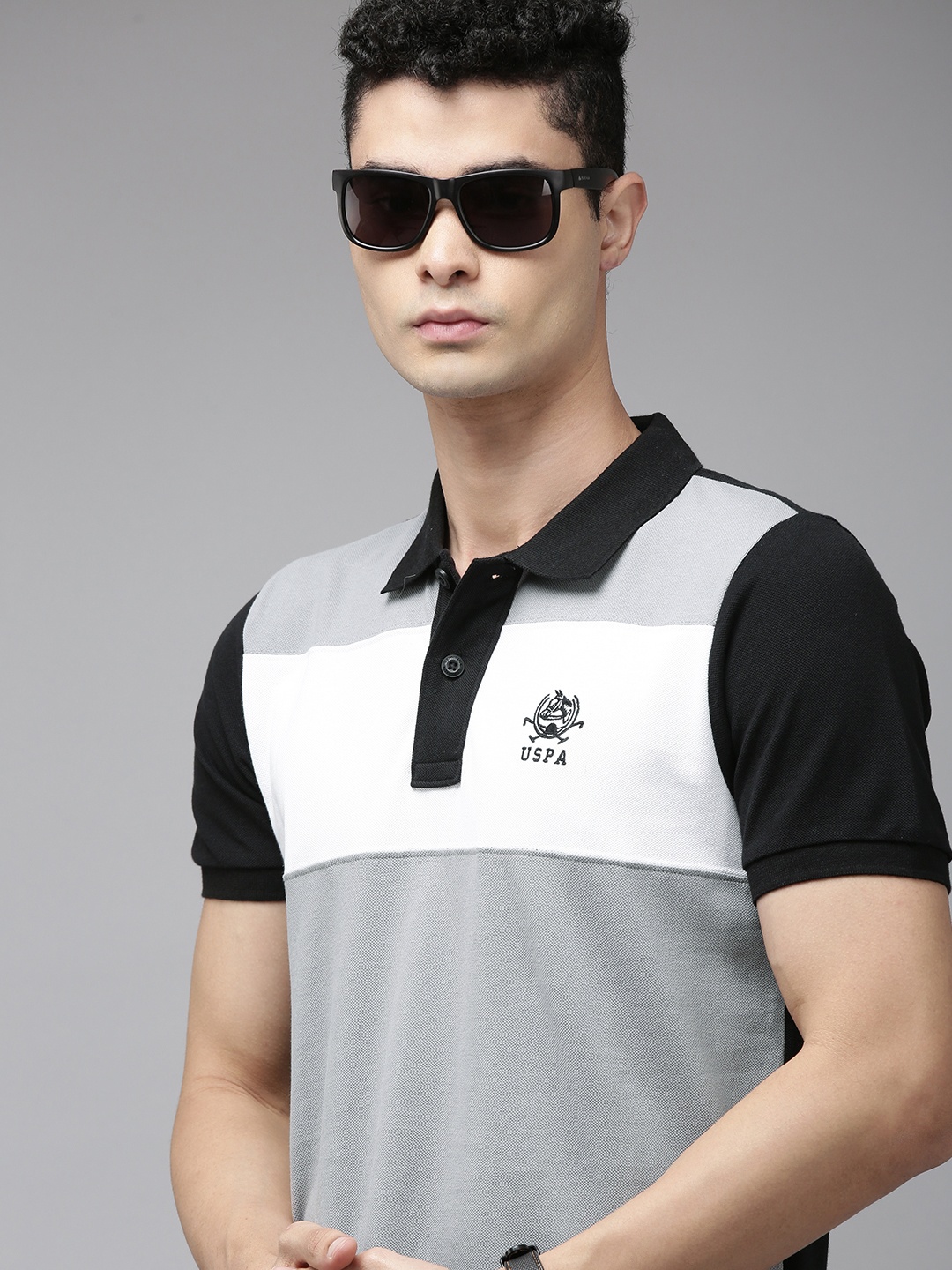 

U S Polo Assn Men Grey & White Colourblocked Polo Collar Pure Cotton Slim Fit T-shirt