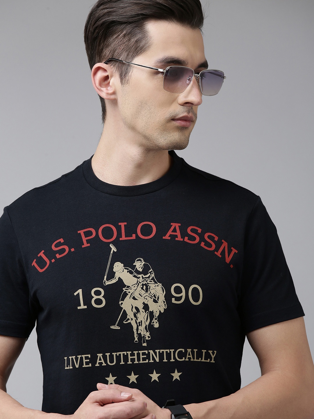 

U S Polo Assn Men Navy Blue Brand Logo Printed Pure Cotton Slim Fit T-shirt