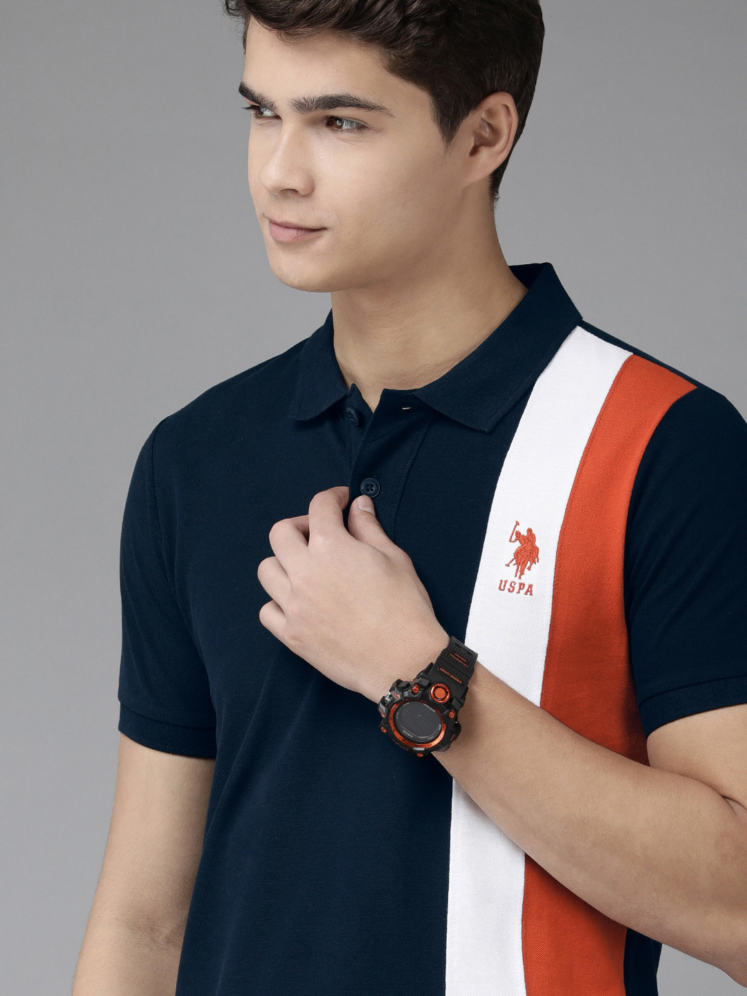 

U.S. Polo Assn. Men Navy Blue & White Placement Striped Pure Cotton Slim Fit T-shirt