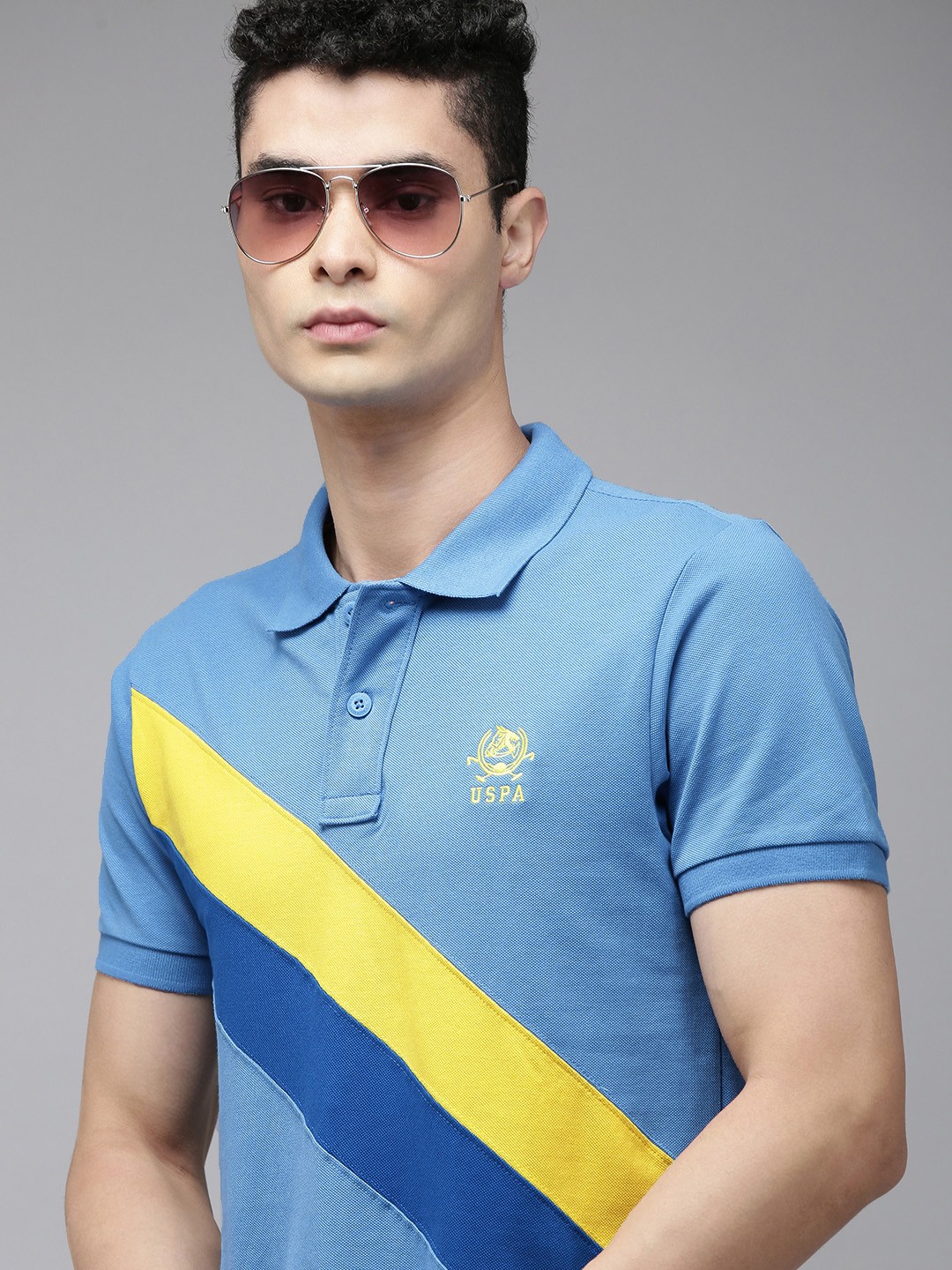 

U S Polo Assn Men Blue & Yellow Striped Polo Collar Pure Cotton Slim Fit T-shirt