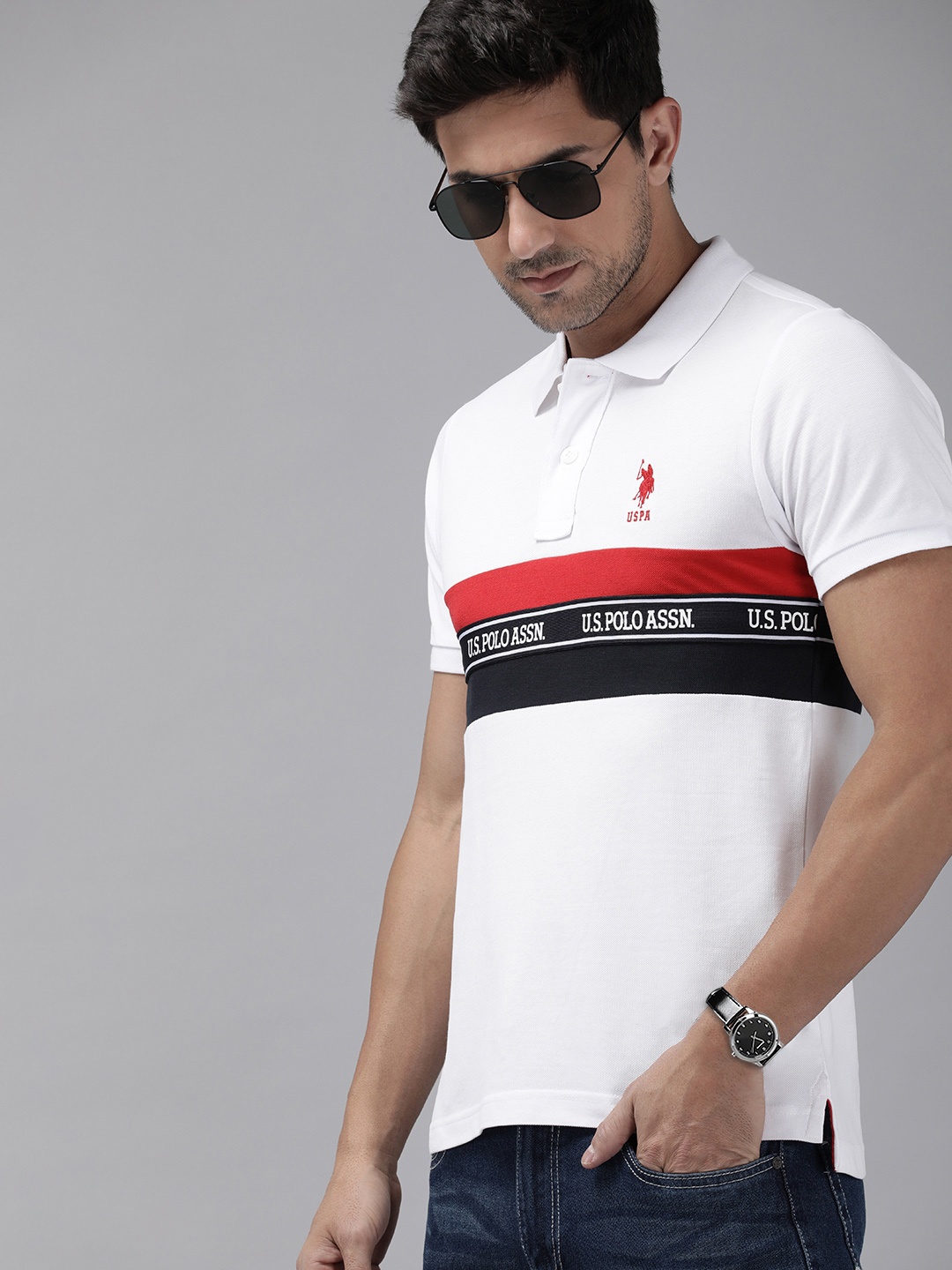 

U S Polo Assn Brand Logo Striped Polo Collar Pure Cotton Slim Fit T-shirt, White
