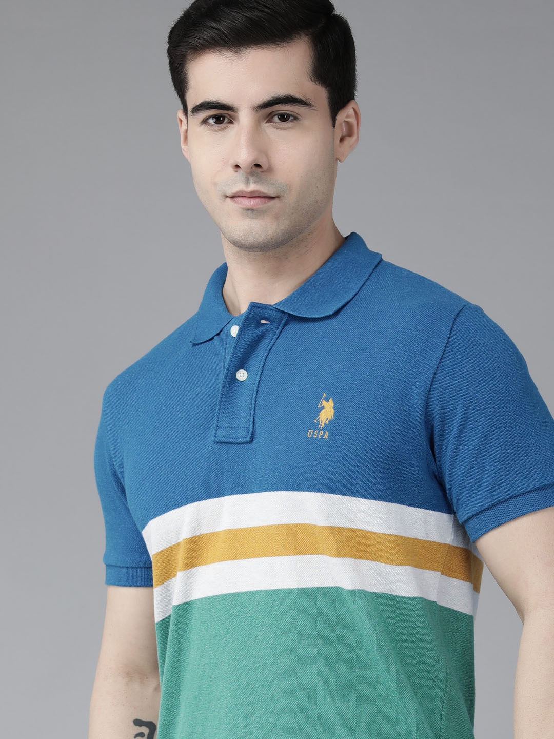 

U S Polo Assn Men Blue & Green Pure Cotton Colourblocked Polo Collar T-shirt