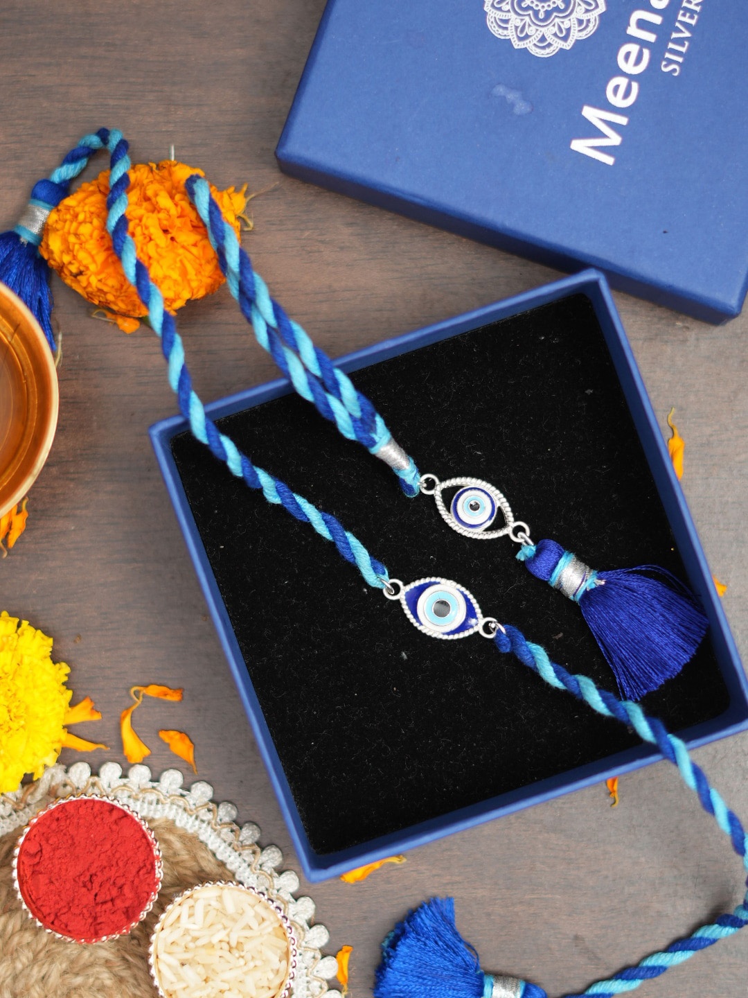 

Meenakari Heritage Jewellery 92.5 Sterling Silver Evil Eye Bhaiya Bhbahi Couple Rakhi set