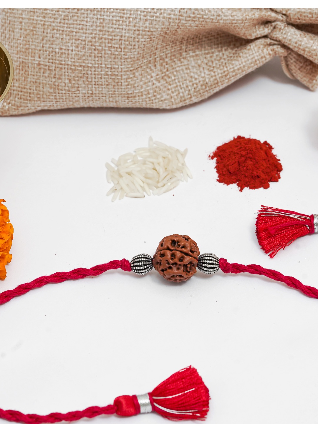 

Meenakari Heritage Jewellery Red 92.5 Sterling Silver Rudraksh Beads Rakhi