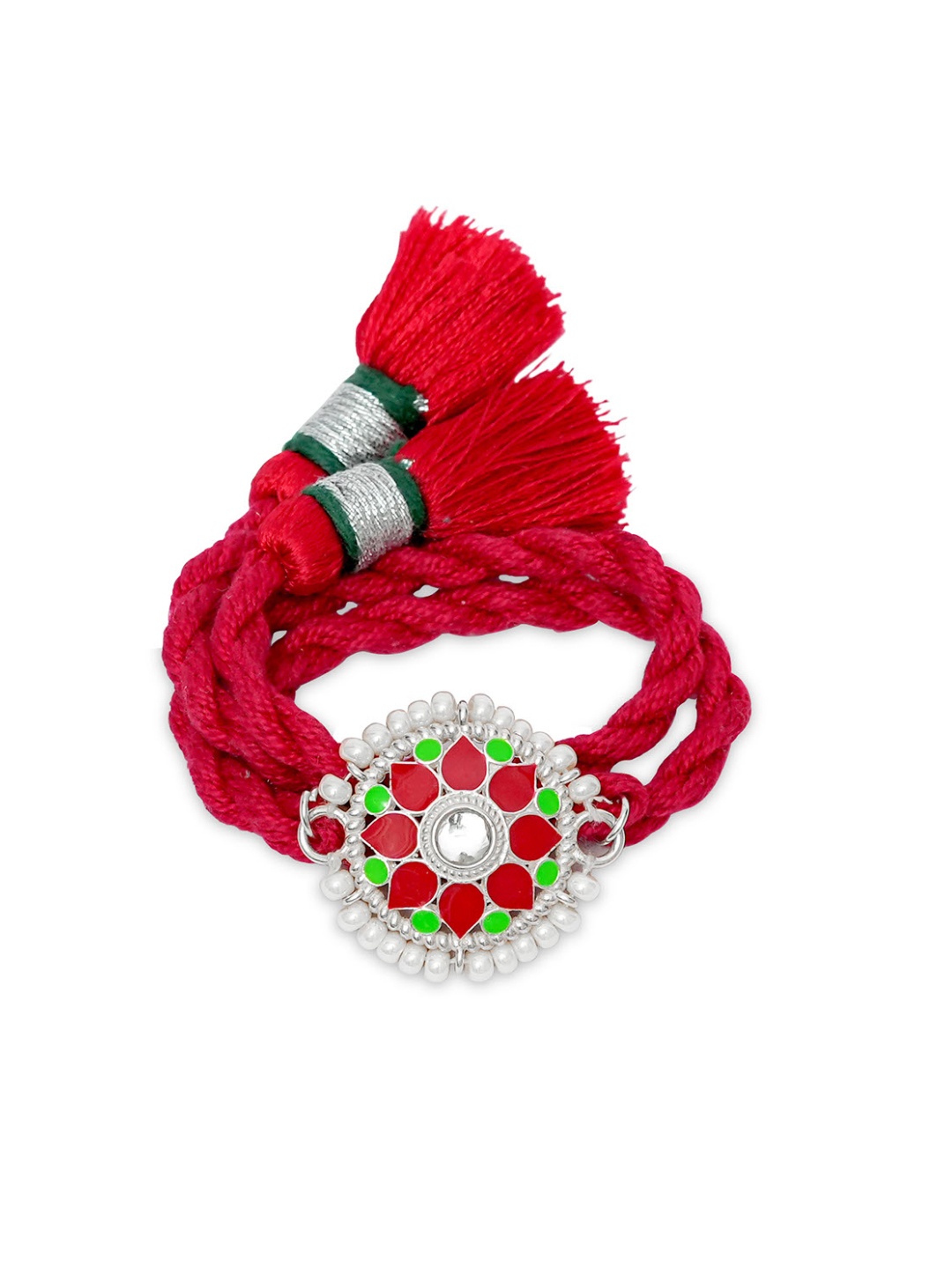 

Meenakari Heritage Jewellery 92.5 Sterling Silver Kundan Pearls Rakhi, Red