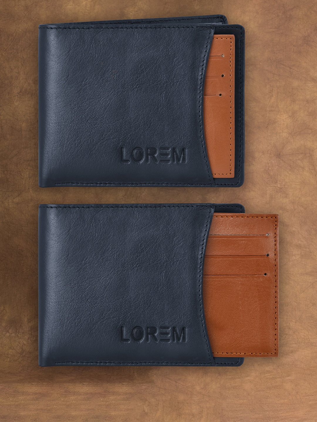 

LOREM Men Navy Blue & Tan Leather Two Fold Wallet with SIM Card Holder