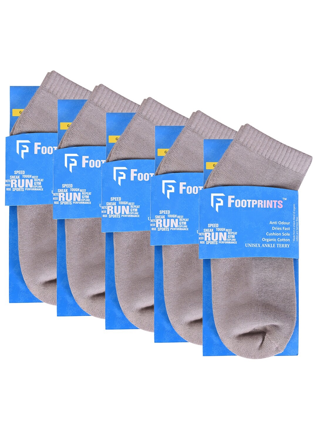 

FOOTPRINT 5 Pairs Unisex Anti Odour Organic Cotton Ankle-Length Terry Sports Bamboo Socks, Grey