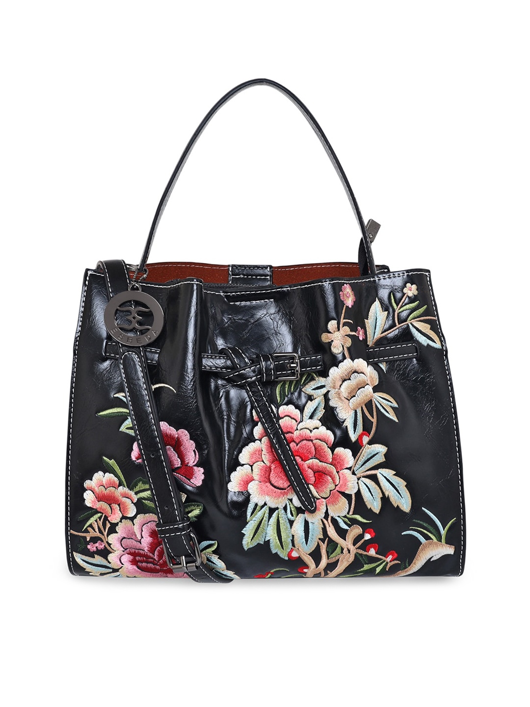 

ESBEDA Black Floral Embellished PU Oversized Structured Handheld Bag