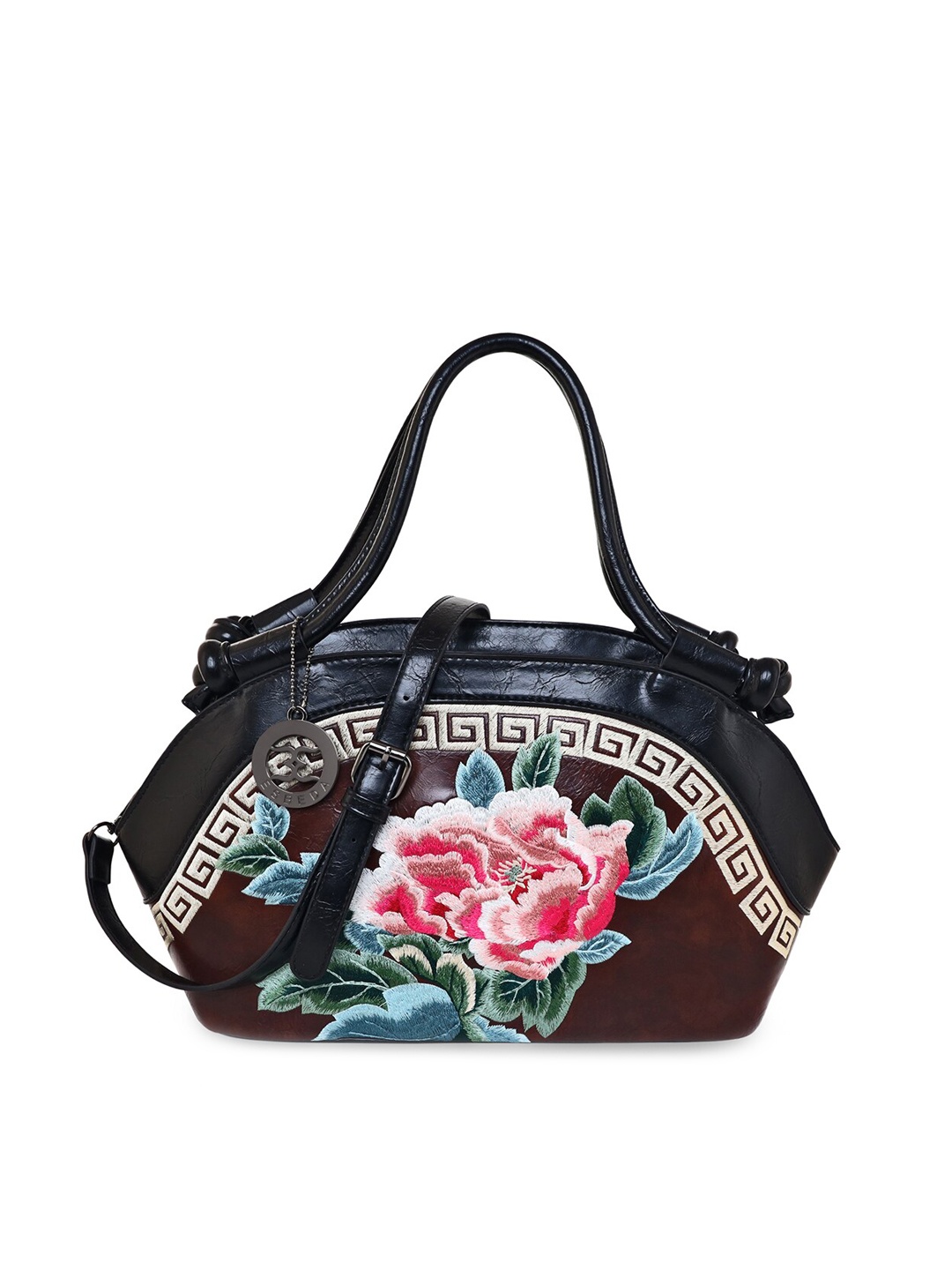 

ESBEDA Maroon Floral Printed PU Half Moon Tote Bag